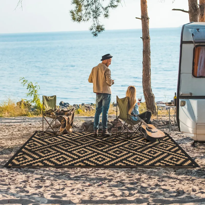 Photo 1 of DEORAB Outdoor Rugs Waterproof Plastic Straw Mat 6'x9' Reversible for RV Patio Deck Beach Black & Brown
