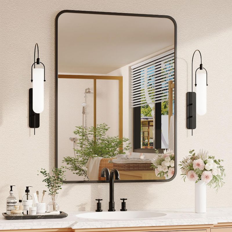 Photo 1 of 
Black Bathroom Mirror for Over Sink -Rectangle Bathroom Vanity Mirror Wall Mounted with Matte Aluminum Frame & Rounded Corners, Shatterproof...