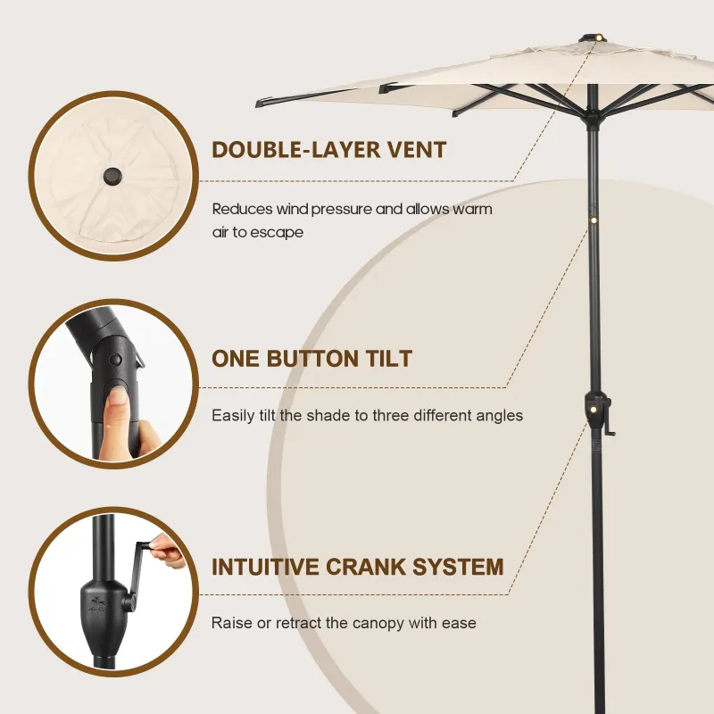 Photo 1 of  Patio 7.5ft Outdoor Patio Umbrella w/ Push Button Tilt and Crank, 6 Ribs-Beige

