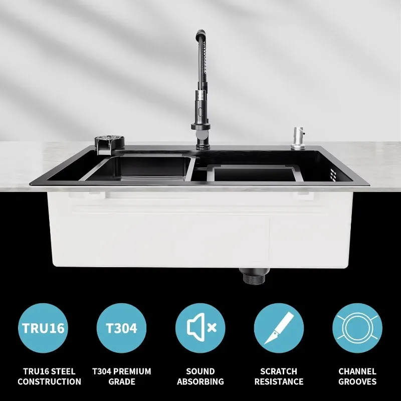 Photo 1 of ****Partial set****
29.5 * 17.7 inch Kitchen Sink, Single Bowl Stainless Steel Sink Multifunctional Drop In Sink with Pull-Down Faucet and Multiple Accessories (black grey, 29.5 * 17.7 inch)
