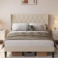 Photo 1 of  Bed Frame with Upholstered Headboard, Metal Bed Frame with Wooden Slats, Beige