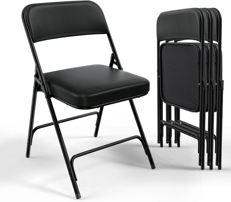 Photo 1 of  Padded Folding Chairs with Thick Seat Cushion, Portable, Durable & Extra Comfortable Foldable Chairs for Indoor & Outdoor Events, Banquet, Party, Dinning, Work, Craft, PU, Black, 4 Pack