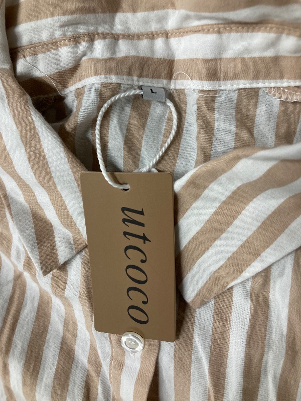 Photo 1 of ***(MISSING BELT)***utcoco Womens 2025 Shirt Dress Casual Lapel 3/4 Sleeve Button Down Split Vacation Maxi Dress (Large, Light Brown Striped)
