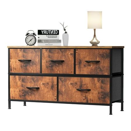 Photo 1 of  EDX 5 Drawer Dresser Wide Chest of Drawers Nightstand Storage Tower Storage Dresser Fabric Dresser with Wood Top for Living Room