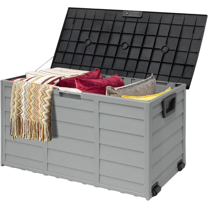 Photo 1 of  75 Gallon Outdoor Large Waterproof Storage Patio Deck Box On Wheels with Handles, Grey