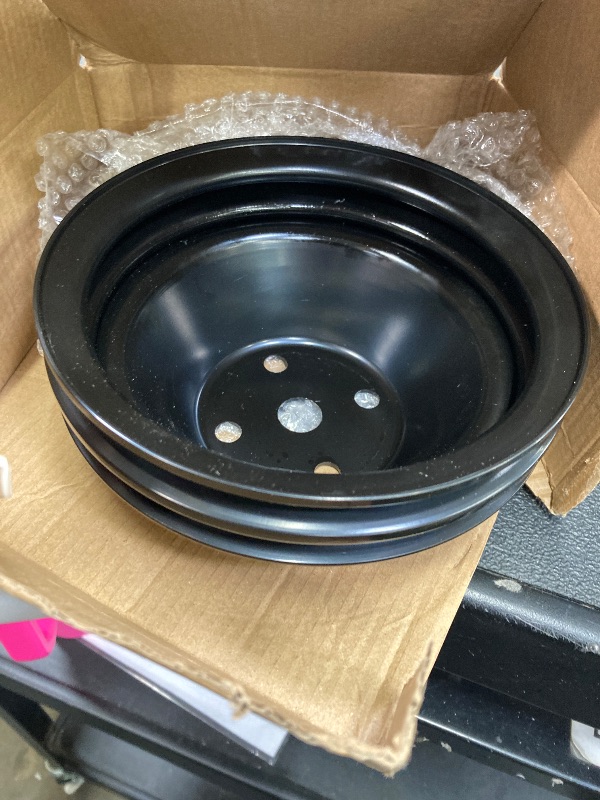 Photo 1 of 1 PC SHLPDFM Pulley Black Steel SWP 5/8" Double-Groove Long Water Pump Pulley Compatible with SBC 262 265 267 283 302 305 307 327 350 400