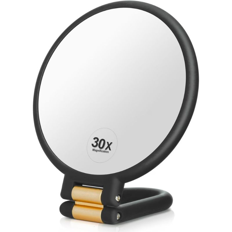 Photo 1 of 1x 30x Magnifying Travel Mirror, Hand Mirror with Handle - Double Side Hand Held Mirror with 1x30x Magnification & Foldable Handle, Portable Travel Makeup Hand Mirror for Women (Black)