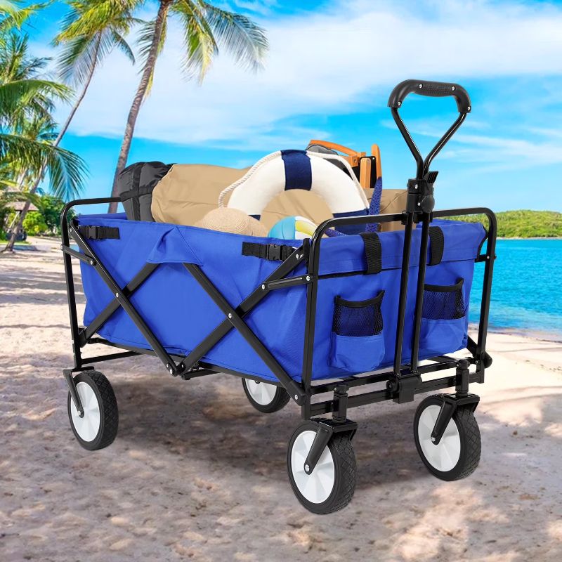 Photo 1 of ***(PARTS ONLY -MISSING WHEELS -SELLING AS PARTS)*** 
NiamVelo Folding Wagon Cart Collapsible Foldable Wagon Outdoor Utility Wagon, Beach Wagon Cart with with All Terrain Wheels & Adjustable Handle for Camping, Shopping, Garden and Beach(Blue)