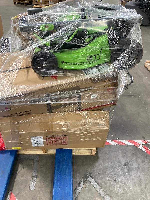 Photo 1 of ***********No returns accepted*********Pallet with different patio items such as grill, grass cutting machine, storage and much more. Final sale. Maybe parts are missing and do not work. Retail price is for part... Final sale. Returns are not accepted.