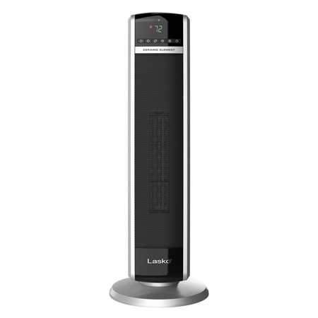 Photo 1 of 1500W 30 in. Black Indoor Electric Tower Forced Air Ceramic Space Heater with Thermostat, 2-Speeds, Timer, and Remote