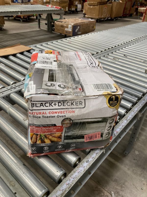 Photo 1 of *****It is used and has some small dents around it.**BLACK+DECKER 4-Slice Toaster Oven, TO1745SSG-1A, Even Toast, 4 Cooking Functions Bake, Broil, Toast and Keep Warm, Removable Crumb Tray, Timer