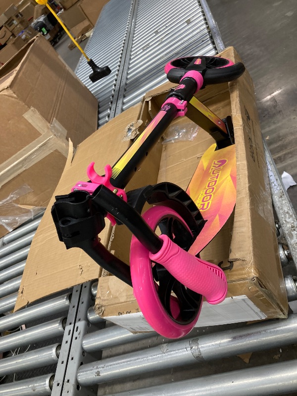 Photo 1 of **NOT TESTED BY H K DOES NOT HAVE THE CHARGERUSED  USED*** Outdoor Cruiser Kick Scooter for Ages 6+, for Kids, Teens, and Adults, Max Load 250 LBS, Foldable, 8-inch Big Wheels, Dual Suspension, 3 Adjustable Levels, Child Safety Approved, Yellow and Pink