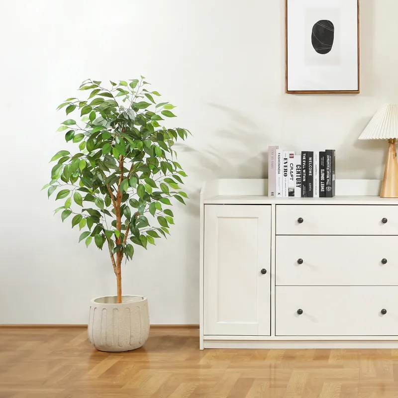 Photo 1 of **used*** 4FT Artificial Ficus Tree with Natural Wood Trunk and Lifelike Leaves, Silk Fake Potted Tree with Wood Branches, Faux Tree for Office Home Decor