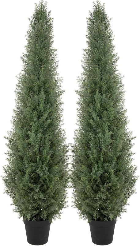 Photo 1 of ***used*** Pack 3ft Artificial Cedar Topiary Trees for Outdoors, Fake Cypress Plants with Solar Light String, Faux uv resistant Plants for Home Front Porch Decor, Housewarming Gift