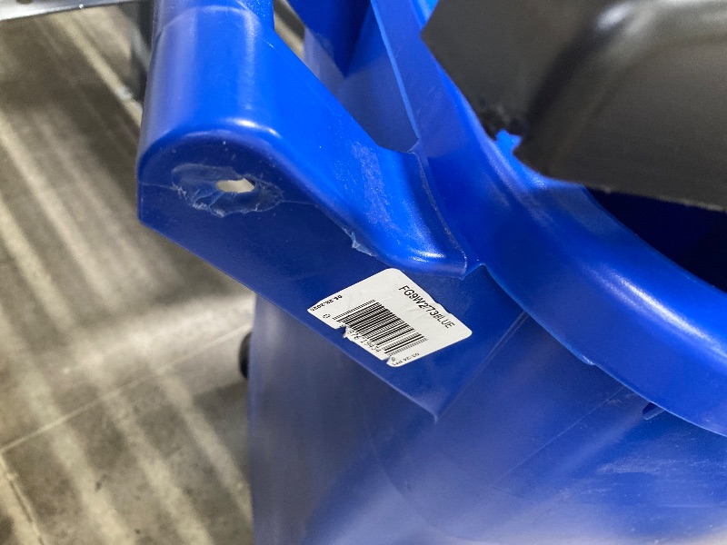 Photo 1 of **PLASTIC BROKE OFF TO HOLD LID ON-SEE PICS**Rubbermaid Commercial Products BRUTE Rollout Heavy-Duty Wheeled Trash/Garbage Can, 32-Gallon, Blue, for Restaurants/Hospitals/Offices/Warehouses/Garage BLUE