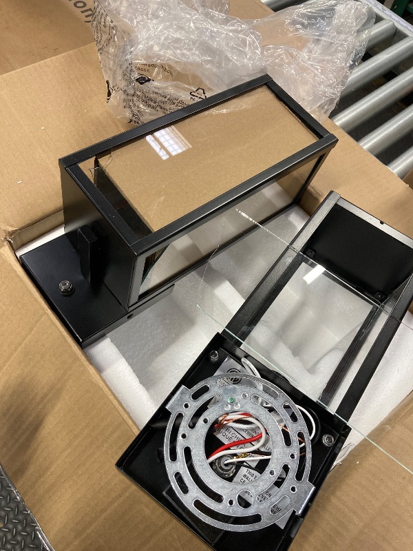 Photo 1 of **On this item, there is broken glass on both of the light post, item is still functional. Please see attached pictures. **

mirrea 11" Classic Outdoor Wall Sconce with Built-in GFCI Outlet 1 Light in Matte Black Rectangular Metal Frame and Clear Glass Sh