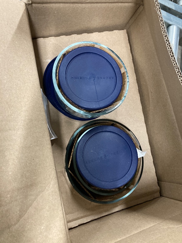 Photo 1 of ****MISSING 2 PIECES** Anchor Hocking Glass Storage Containers with Lids (Glass Food Storage Containers & Navy Blue SnugFit Lids)
