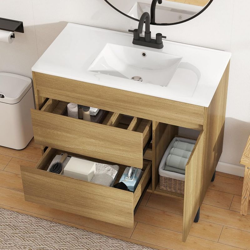 Photo 1 of ***ONLY THE SINK***DWVO 36 Inch Bathroom Vanity with Undermount Sink, Natural Brown Bathroom Sink Cabinet, Modern Bathroom Storge Vanity Includes Adjustable Legs, Soft Closing Door, 2 Drawers & Drain **Ceramic basin dimensions: 10.4"D x 18.9"W x 4.7"H (1.