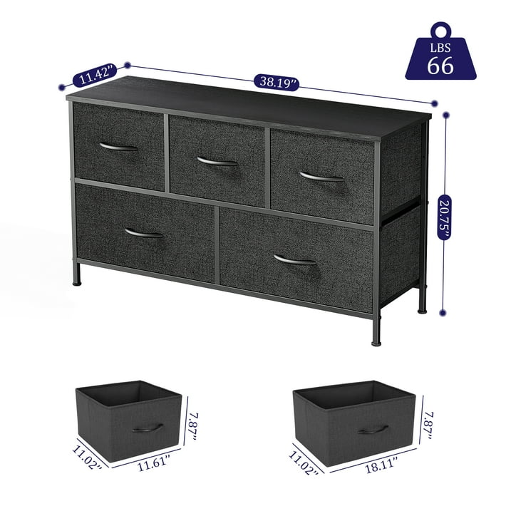 Photo 1 of **HAS SPOTS-SEE PICS**EDX 5 Drawer Dresser, Wide Chest of Drawers Nightstand Storage Tower Storage Fabric Dresser with Wood Top for Living Room, Bedroom, Hallway,Black