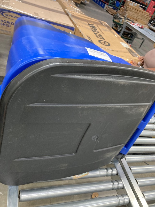 Photo 1 of **** missing one wheel******Rubbermaid Commercial Products BRUTE Rollout Heavy-Duty Wheeled Recycling Can/Bin, 50-Gallon, Blue Recycling, for Restaurants/Hospitals/Offices/Warehouses/Garage