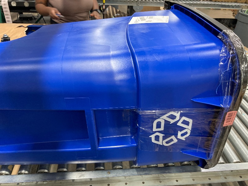 Photo 1 of **** missing one wheel******Rubbermaid Commercial Products BRUTE Rollout Heavy-Duty Wheeled Recycling Can/Bin, 50-Gallon, Blue Recycling, for Restaurants/Hospitals/Offices/Warehouses/Garage