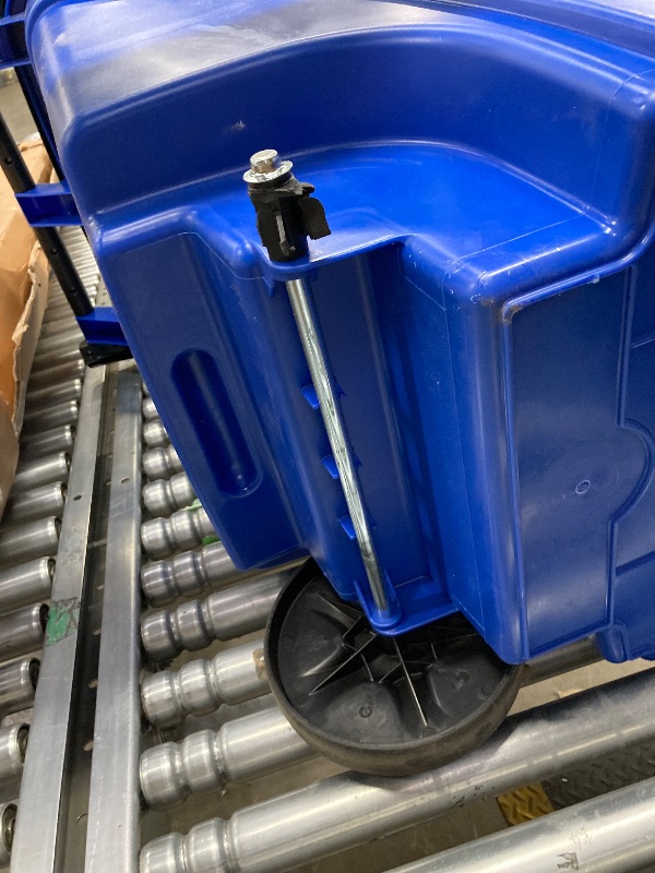Photo 1 of **** missing one wheel******Rubbermaid Commercial Products BRUTE Rollout Heavy-Duty Wheeled Recycling Can/Bin, 50-Gallon, Blue Recycling, for Restaurants/Hospitals/Offices/Warehouses/Garage