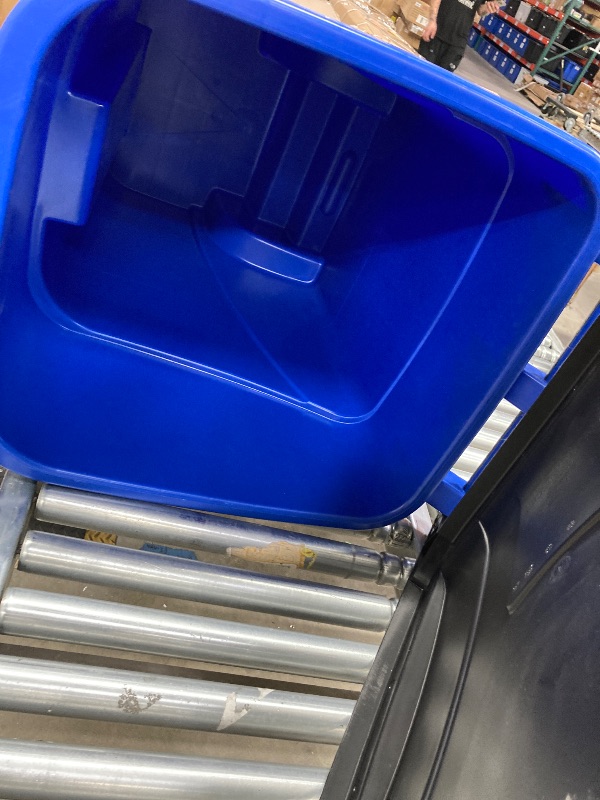 Photo 1 of **** missing one wheel******Rubbermaid Commercial Products BRUTE Rollout Heavy-Duty Wheeled Recycling Can/Bin, 50-Gallon, Blue Recycling, for Restaurants/Hospitals/Offices/Warehouses/Garage