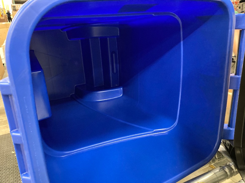 Photo 1 of **** missing one wheel******Rubbermaid Commercial Products BRUTE Rollout Heavy-Duty Wheeled Recycling Can/Bin, 50-Gallon, Blue Recycling, for Restaurants/Hospitals/Offices/Warehouses/Garage