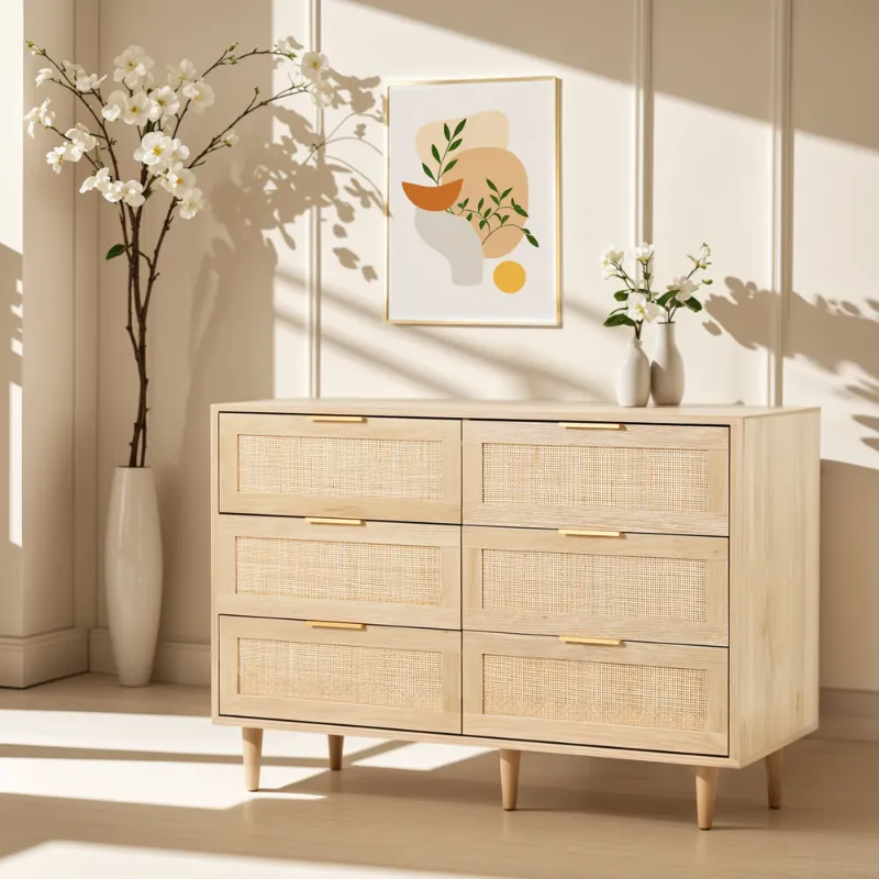 Photo 1 of *** used***LAZZO 6 Drawer Dresser Rattan Wood Dresser Chest of Drawers Large Storage Cabinet
