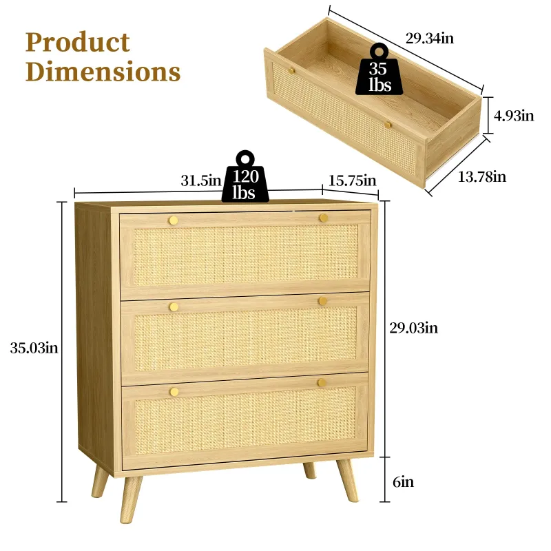 Photo 1 of ***********USED*********Capri Rattan 3 Drawer Dresser, Storage Chest of Drawers, Bedside Night Stand Storage Cabinet for Women, Kids, Baby, Nursery, Girls, Bedroom Living Room Furniture, Natural