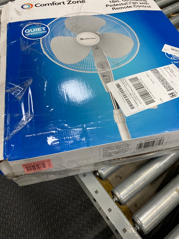 Photo 1 of  ** MISSING control remoto**Comfort Zone 18 in. Pedestal Fan with Remote, Tilt, 3 Speeds & Timer
