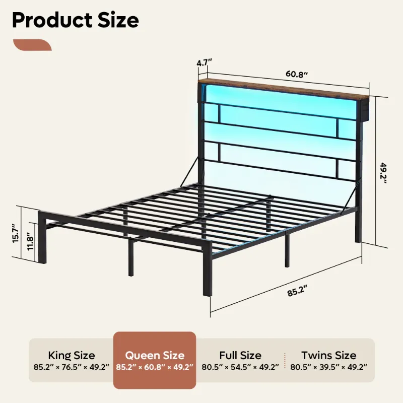 Photo 1 of ***(PARTS ONLY -SELLING AS IS -MISSING PIECES)*** Bestier Queen Size Bed Frame with 49.2" High LED Storage Headboard Shelf, Metal Platform Bed, Black

