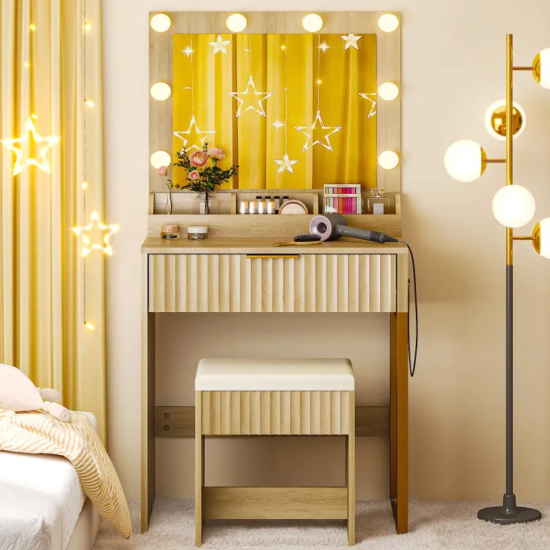 Photo 1 of  ** IT IS NOT SURE IF ALL THE PARTS ARE COMPLETE OR GOOD**Ktaxon Flutted Makeup Vanity Table 8 LED Lights, Dressing Desk with Charging Station, For Femal Gift, Wood Color
