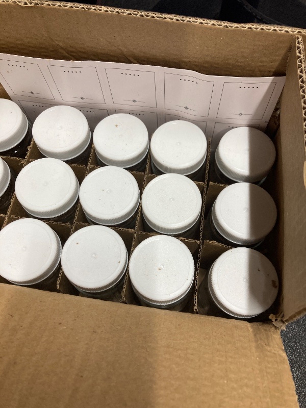 Photo 1 of **MISSING 3**15 Pack 2 oz Glass Shot Bottles w/ White Lids & 15 Labels - Small Clear Jar for Ginger, Wellness Shot, Juice, Sample, Whiskey - Travel Mini Bottles - Wide Mouth, Leakproof, Dishwasher Safe