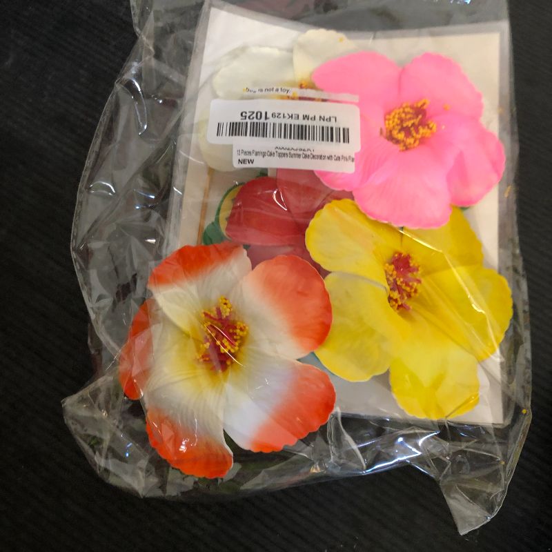 Photo 1 of 13 Pieces Flamingo Cake Toppers Summer Cake Decoration with Cute Pink Flamingo Figures and Hibiscus Flower Palm Leaves for Tropical Hawaiian and Beach Themed Party Supplies