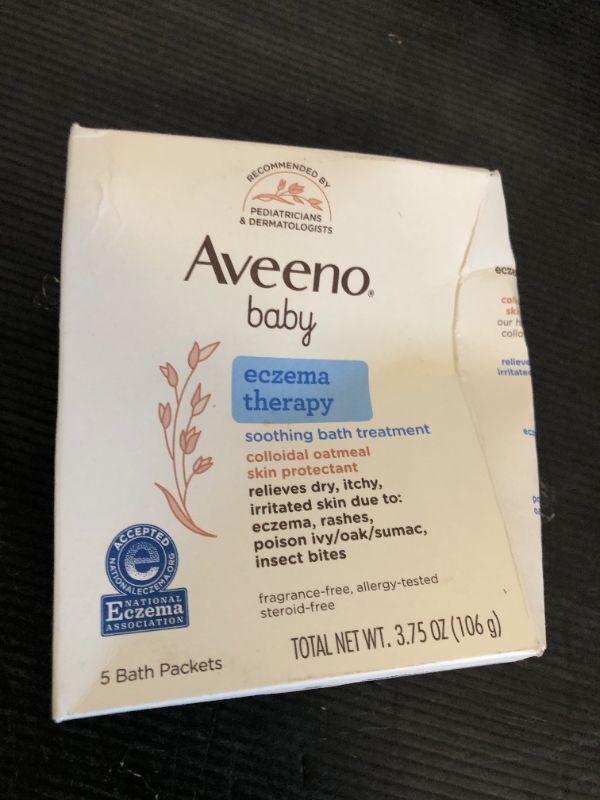 Photo 1 of Aveeno Baby Eczema Therapy Soothing Bath Treatment for Relief of Dry, Itchy & Irritated Skin, Made with Natural Colloidal Oatmeal, Fragrance-, Paraben-, Steroid- & Tear-Free, 5 ct