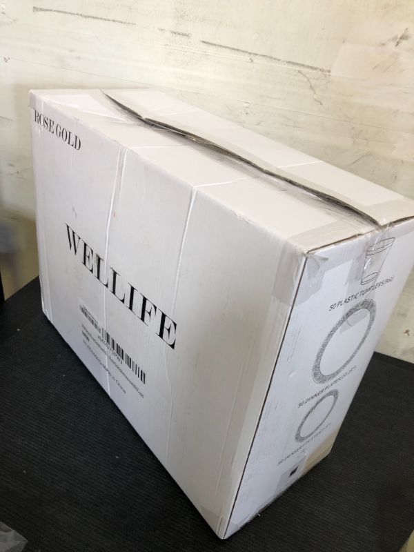 Photo 1 of WELLIFE 350 PCS Rose Gold Disposable Dinnerware Set for 50 Guests, Disposable Rose Gold Lace Plates, Include:50 Dinner Plate, 50 Dessert Plates, 50 Pre Rolled Napkins with Silverware and 50 Cups