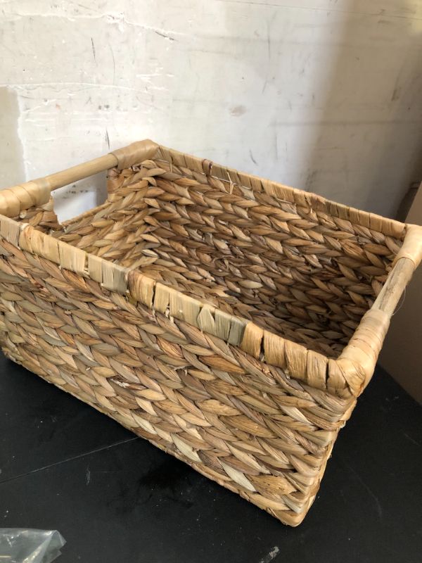 Photo 1 of VATIMA Large Rectangular Wicker Basket with Wooden Handles for Shelves and Storage - Natural Water Hyacinth Basket for Organizing, 14.5 x 10.3 x 7.5 inches