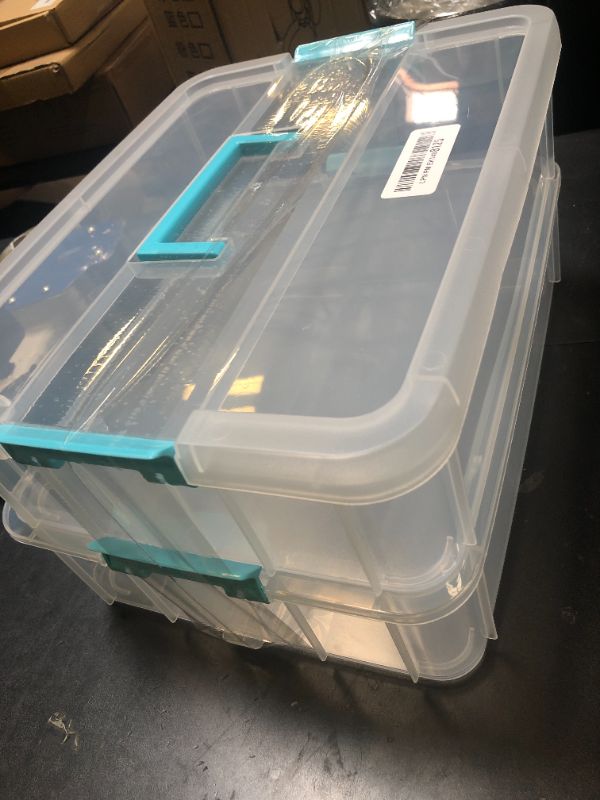 Photo 1 of JUXYES 2-Tiers Stack Carry Storage Box With Handle, Transparent Stackable Storage Bin With Handle Lid Latching Storage Container for School & Office Supplies (Blue)