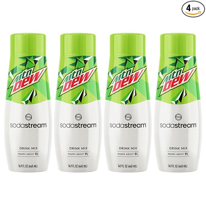 Photo 1 of SodaStream - Mountain Dew Soda Drink Mix | For Soda Makers; turns 9.5 Gallons of Fizzy Water into delicious Mountain Dew | 52mg Caffeine per 12oz | Makes 96 Servings | 14.9 Fl Oz, Pack of 4 BB 11/5/25
