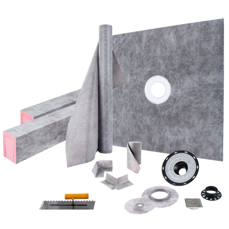 Photo 1 of VEVOR Shower Curb Kit, 48"x48" Watertight Shower Curb Overlay with 4" PVC Central Bonding Flange, 4" Stainless Steel Grate, 2 Cuttable Shower Curb and Trowel, Shower Pan Slope Sticks Fit for Bathroom