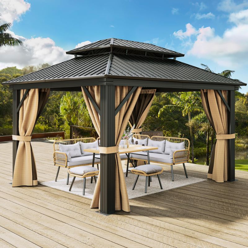 Photo 1 of YITAHOME 12x14ft Gazebo Double Roof Hardtop Canopy Outdoor Heavy Duty w/Nettings and Curtains, Upgraded Aluminum Column Galvanized Steel Vertical Stripes Roof for Patio, Backyard, Deck, Lawns, Brown 3 Boxes
