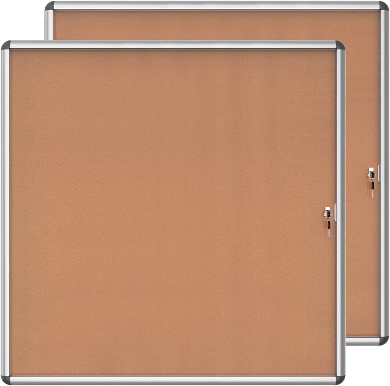 Photo 1 of 2 Pack 38"x38" Enclosed Bulletin Board, Lockable Weather-Resistant Aluminum Cork Noticeboard for School & Office, Silver Frame w/Cork
