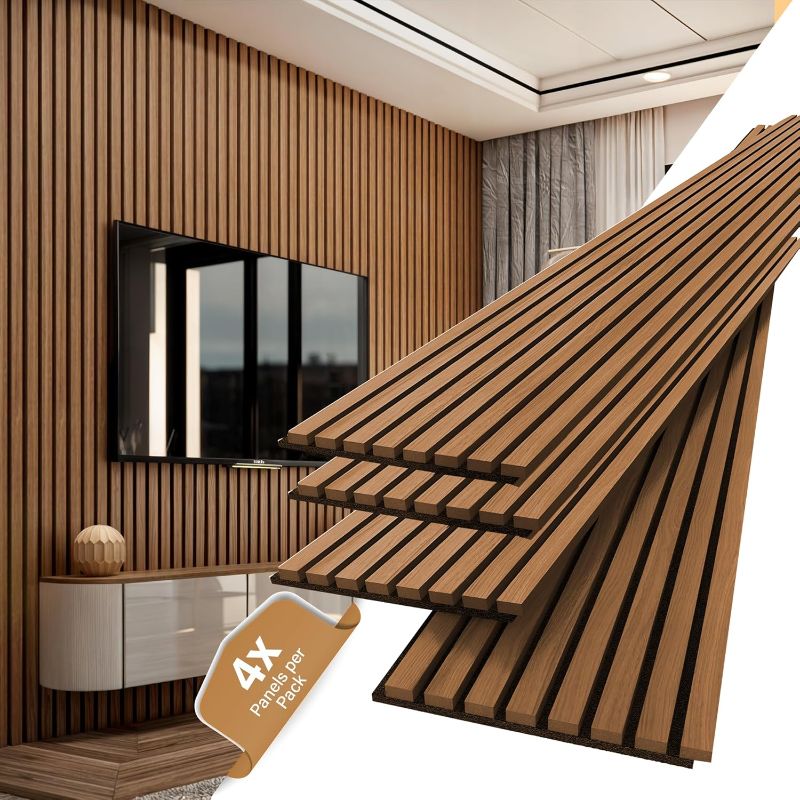 Photo 1 of DEKKOR 4-Piece Wood Slat Acoustic Panels for Wall and Ceiling, 3D Fluted Sound Absorbing Panel, 94.5" x 7.9" (Walnut)