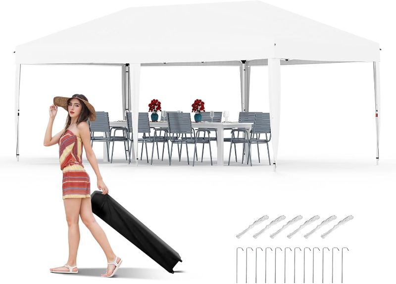 Photo 1 of 10x20 Pop Up Canopy - Easy Up Camping Tent with One Roller Bag, 3 Adjustable Height, 4 Weight Bags for Deck, Garden, Sports, Beach, Party - White