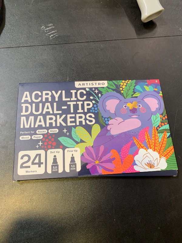 Photo 1 of ARTISTRO 24 Dual Tip Acrylic Paint Markers, Acrylic Paint Pens, Fabric Markers for Textile, Rock, Glass, Wood, Paper, Ceramic, Canvas DIY Art Supplies Kit for Kids and Adults (Dual Tip Dot + Fine, 24)