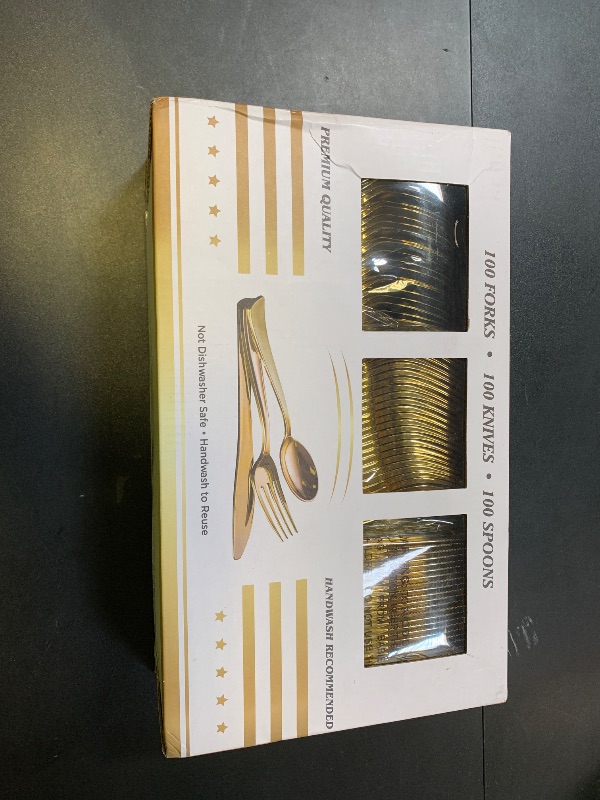 Photo 1 of N9R 300PCS Gold Plastic Silverware, Heavy Duty Gold Plastic Cutlery Set Disposable Flatware Dinnerware, 100 Forks, 100 Spoons, 100 Knives, Perfect for Party, Wedding and Daily Use