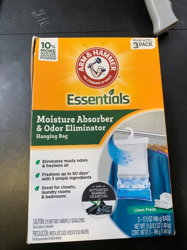 Photo 1 of Arm & Hammer Essentials Hanging Moisture Absorber and Odor Eliminator, 17.5 oz., 3 Pack, Linen Fresh, Moisture Absorbers for Closets, Laundry Rooms and Bedrooms, Long-Lasting Freshness