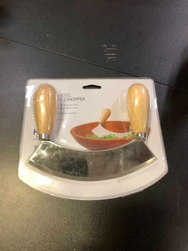 Photo 1 of HIC Kitchen Mezzaluna Rocking Chopper and Mincing Knife with Double Handles, Stainless Steel and Rubberwood