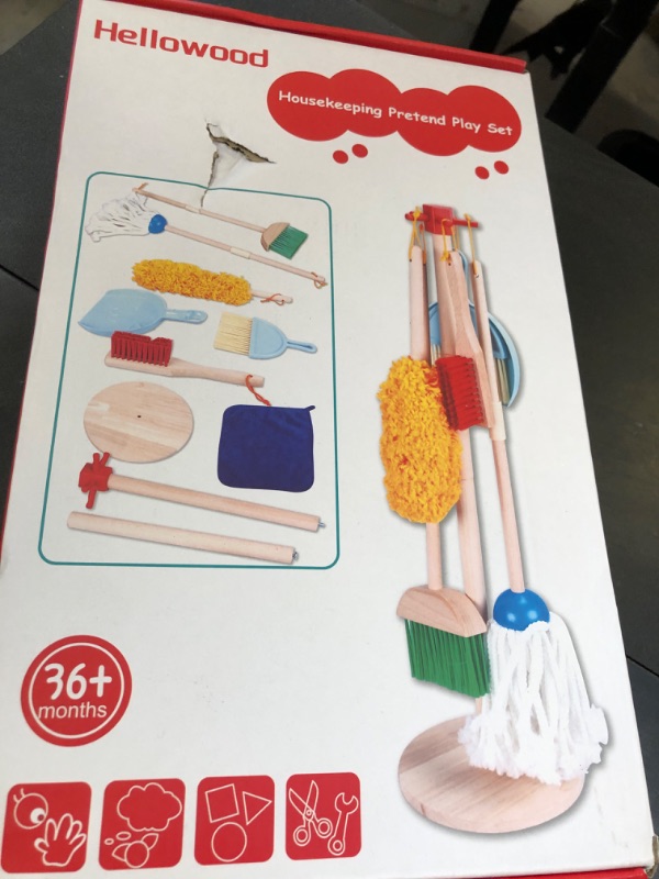 Photo 1 of HELLOWOOD Kids Cleaning Set, 8 Pcs Wooden Housekeeping Play Set Includes Broom Mop Duster Dustpan Brushes Rag and Organizing Stand, Cleaning Toys Gift for Toddlers Girls Boys Age 3-6, Solid Beech Wood